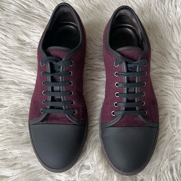 Lanvin Men's Burgundy Matte Cap-Toe Wool Felt Low-Top Sneakers EUC Size 8 - Picture 1 of 11